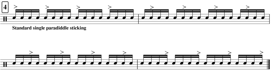 Paradiddle exercise with accents shifting one sixteenth to the right every measure