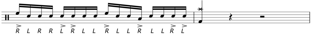 music notation of drum fill utilizing paradiddle and other stick patterns for a full bar drum fill