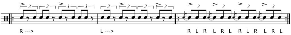 musical notation of exercise for developing the flam accent rudiment