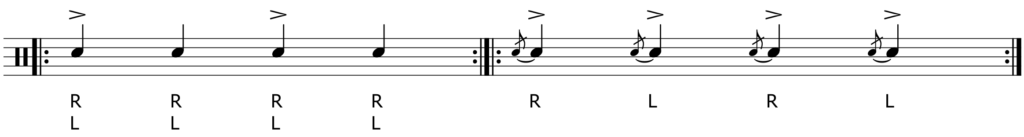 musical notation of accents and taps for developing hand to hand flams