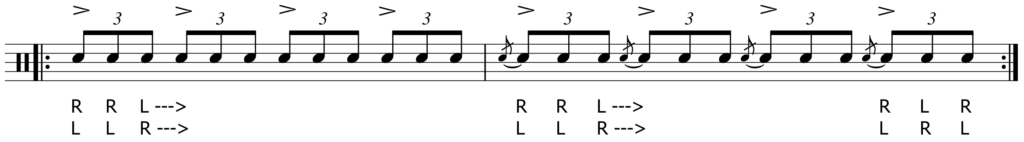 musical notation for swiss army triplet flam rudiment exercise