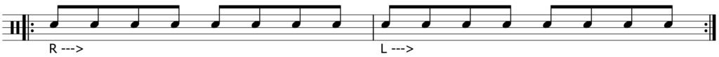 musical notation of 8 rebound strokes per hand for developing rebound strokes on drums