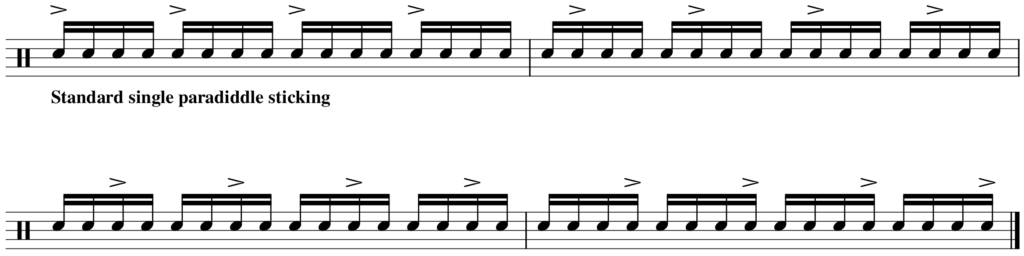 musical notation for paradiddle exercise with accents that shift to the right one 16th note every measure