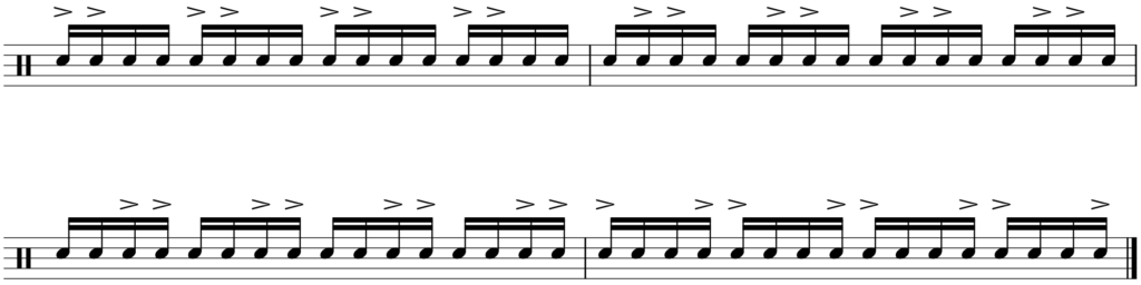 musical notation for paradiddle exercise with double accents that shift to the right one 16th note every measure