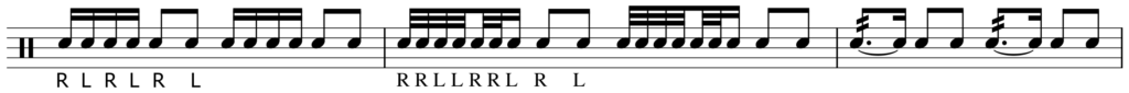 Musical notation of 7 stroke roll rhythmic structure and different ways of notating it