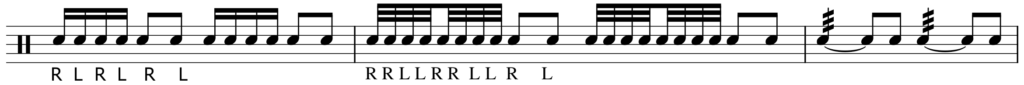 Musical notation of 9 stroke roll rhythmic structure and different ways of notating it