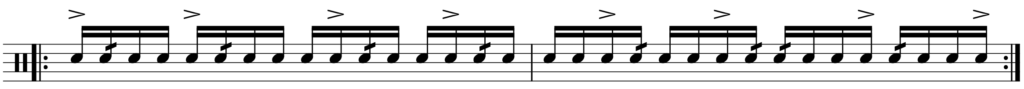 Musical notation with 16th notes and drags shifting to the right one 16th note every two beats with an accent the 16th note before the drag.