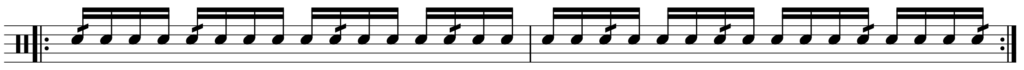 Musical notation with 16th notes and drags shifting to the right one 16th note every two beats.