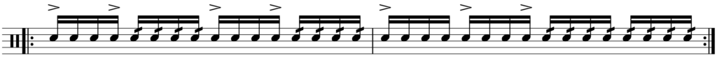 musical notation of 16th notes with open roll exercise including accents