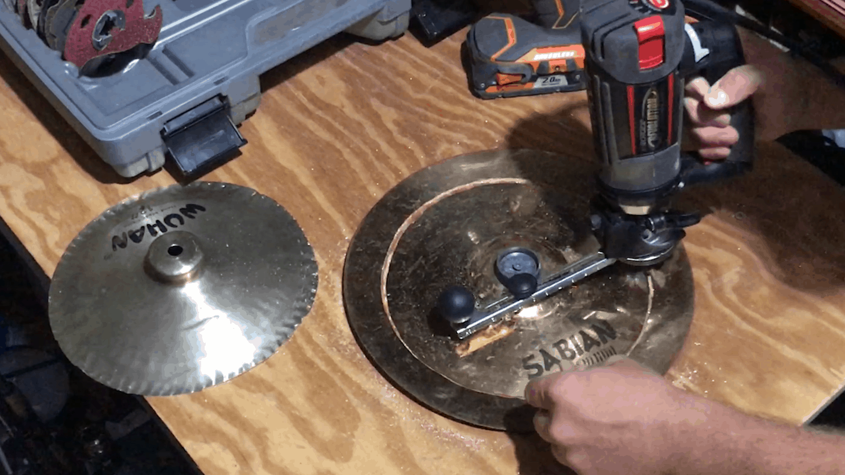 cutting a splash cymbal with a rotozip for drum hacks